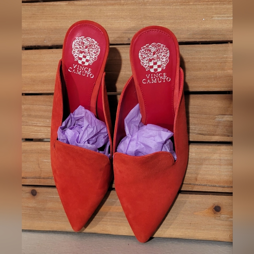 Vince Camuto Cessilia Suede Dress Mules Heels Shoes, Glamour Red Size 9